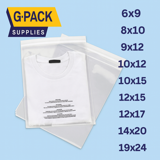 Gpack Supplies clear poly bags with printed suffocation warning, ideal for clothing and e-commerce packaging, available in sizes 6x9, 8x10, 9x12, 10x12, 10x15, 12x15, 12x17, 14x20, 19x24