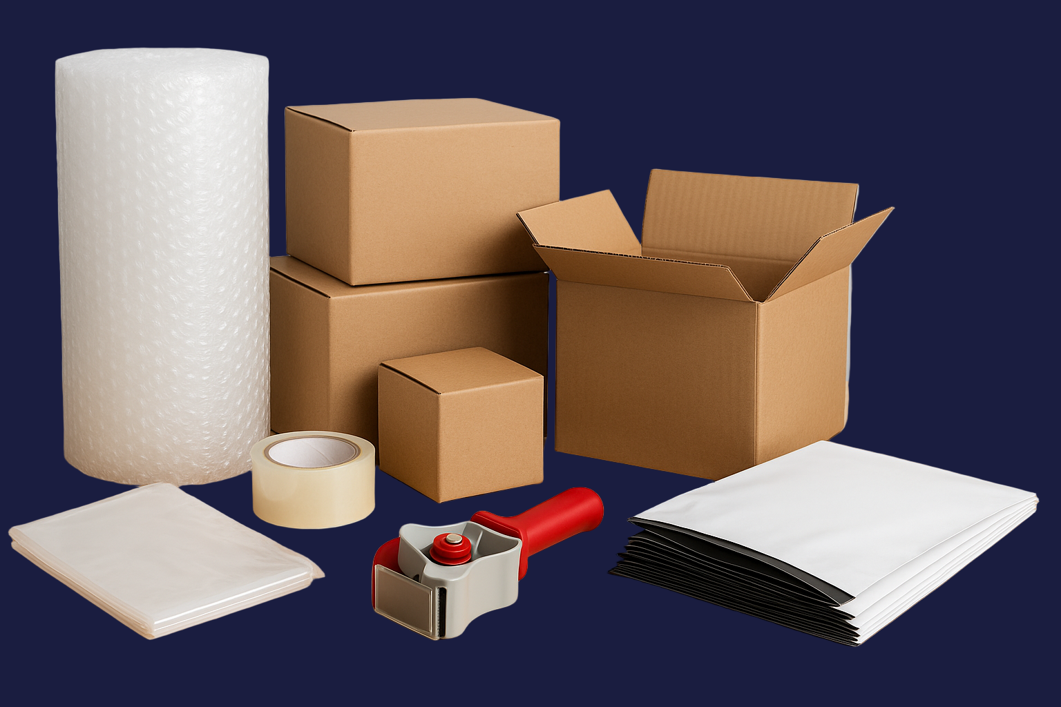 Assorted cartons, mailer envelopes, protective wrap and adhesive tape arranged as commercial shipping materials in Miami