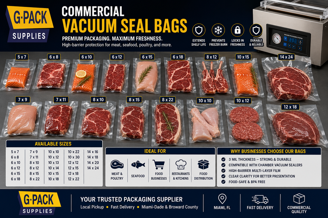 Vacuum seal bags commercial food packaging sizes 5x7 to 14x24 Gpack Supplies Miami