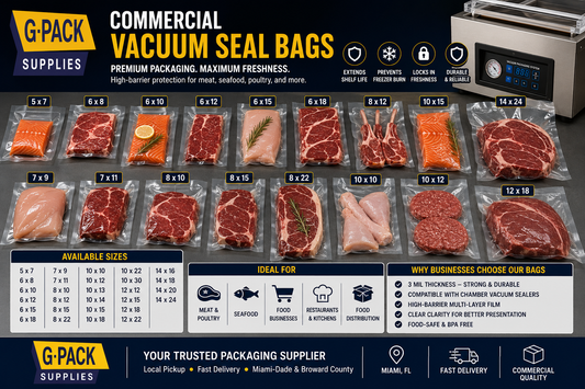 Vacuum seal bags commercial food packaging sizes 5x7 to 14x24 Gpack Supplies Miami