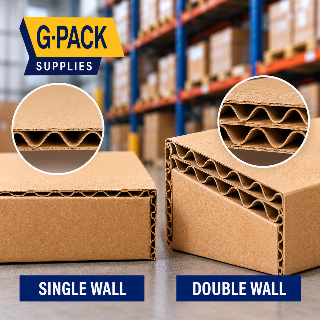 Single wall vs. double wall corrugated cardboard boxes showing detailed cross-sections of one-layer and two-layer fluted construction. Gpack Supplies