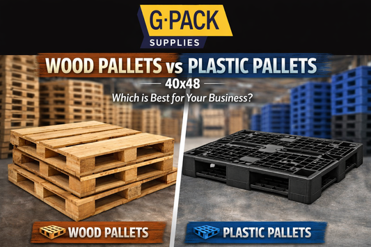 40x48 wood pallets vs plastic pallets comparison in warehouse with Gpack Supplies logo showing industrial shipping pallet options