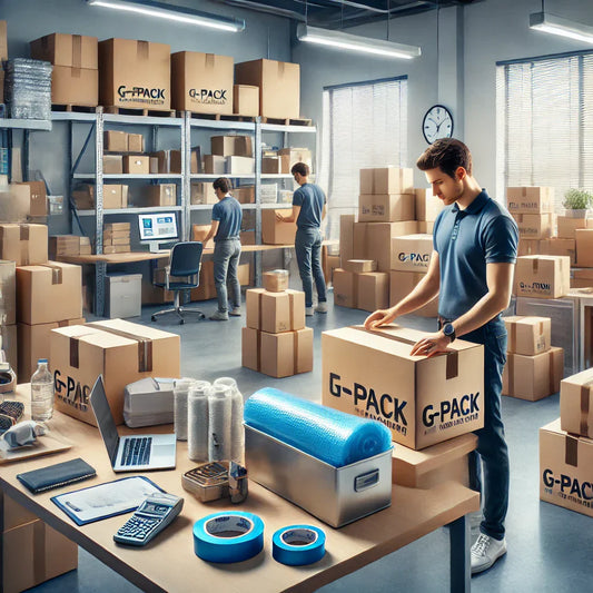 Professional packing service in Miami. Workers carefully packing fragile items and office supplies using high-quality materials like sturdy boxes and bubble wrap.