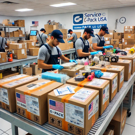 Servicio profesional de empaque en Miami. Trabajadores embalando cuidadosamente artículos frágiles y suministros de oficina con materiales de alta calidad como cajas resistentes y plástico de burbujas. 