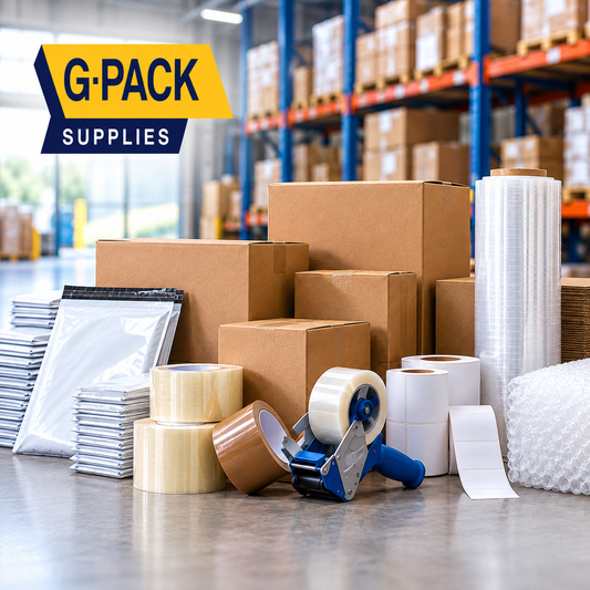 Hand stretch film rolls and manual dispenser compared with machine stretch film wrapping a pallet in a warehouse. Gpack Supplies packaging guide.
