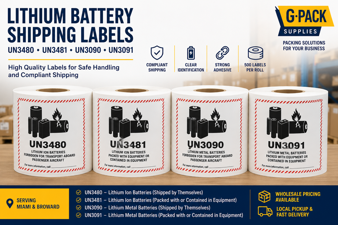 **ALT text:** UN3480, UN3481, UN3090 and UN3091 lithium battery shipping label rolls, 4.7 x 4.3 inches, 500 labels per roll, available from Gpack Supplies in Miami.