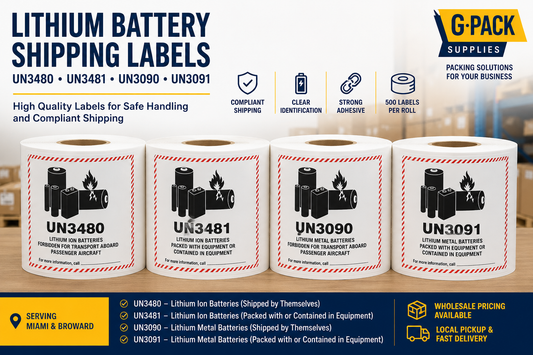 **ALT text:** UN3480, UN3481, UN3090 and UN3091 lithium battery shipping label rolls, 4.7 x 4.3 inches, 500 labels per roll, available from Gpack Supplies in Miami.