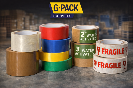 Packing tape assortment including clear, brown, colored (red, blue, yellow, green), water-activated tape 2 inch and 3 inch, and fragile tape