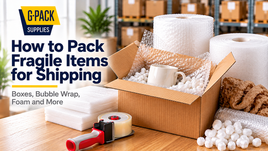 Corrugated shipping box with bubble wrap, foam rolls, packing peanuts and protective packaging materials for fragile items at Gpack Supplies in Miami.