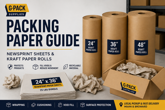 Packing paper guide featuring 24 x 36 newsprint packing paper sheets and 24", 36", and 48" kraft paper rolls for shipping, moving, wrapping, and protective packaging by Gpack Supplies Miami