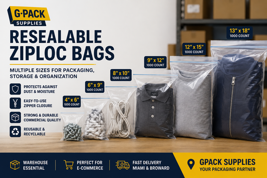 Resealable Ziploc bags in 4 x 6, 6 x 9, 8 x 10, 9 x 12, 12 x 15, and 13 x 18 sizes for packaging, storage, shipping, and warehouse organization by Gpack Supplies Miami