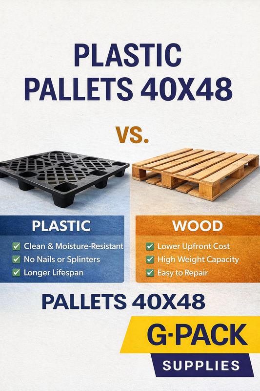 Comparison of 40x48 plastic and wood pallets showing durability and cost benefits, available from Gpack Supplies in Miami.