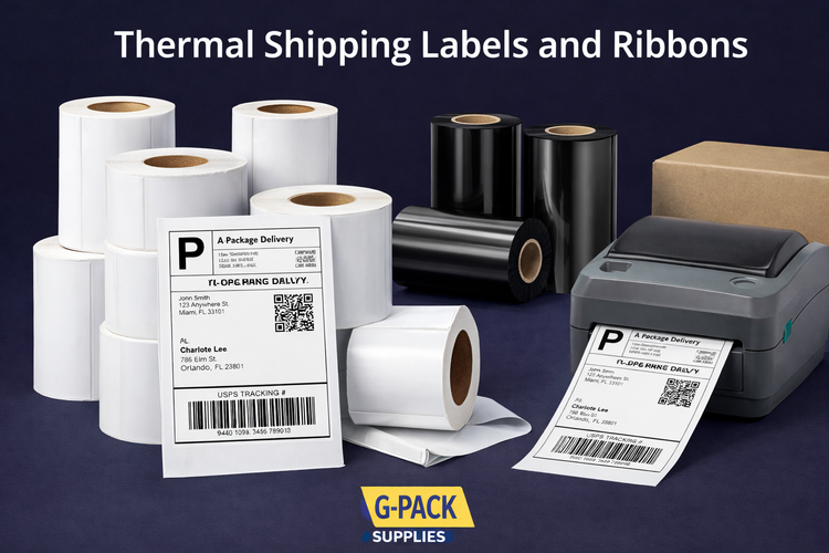 Thermal shipping labels and ribbons with label printer for barcode and shipping label printing Gpack Supplies Miami warehouse