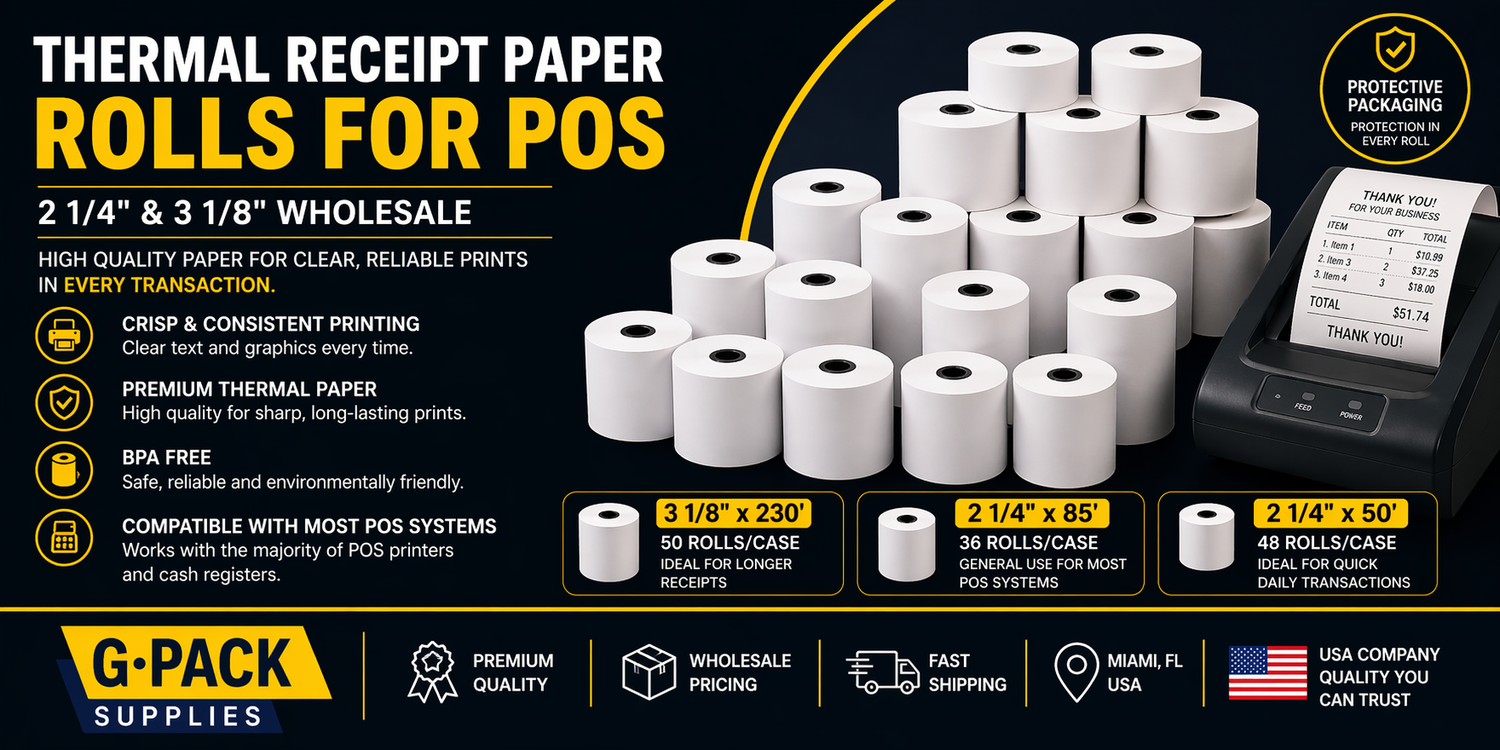 Thermal receipt paper rolls for POS printers and cash registers multiple sizes Gpack Supplies Miami warehouse