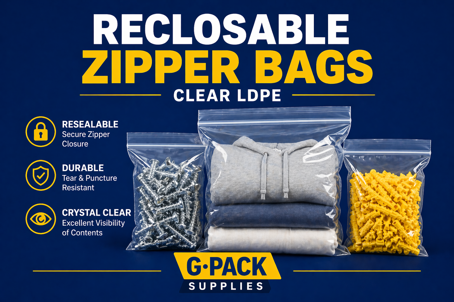 Reclosable zipper bags clear LDPE plastic bags wholesale for packaging storage Miami warehouse Gpack Supplies