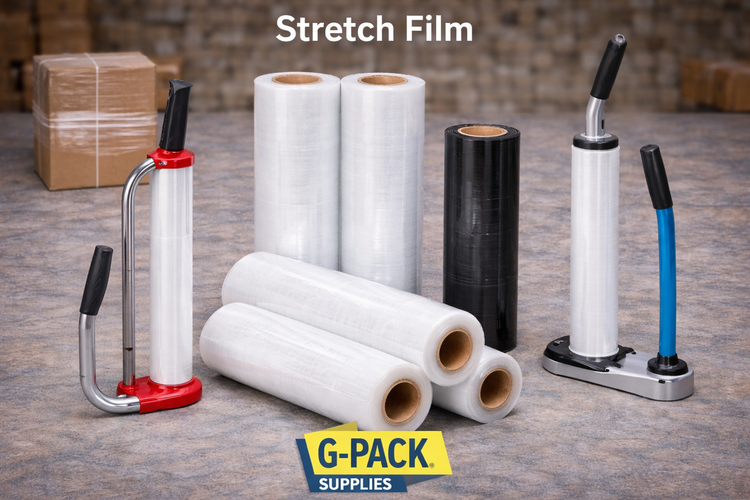 Stretch film rolls and dispensers for pallet wrapping and shipping in warehouse environment Gpack Supplies