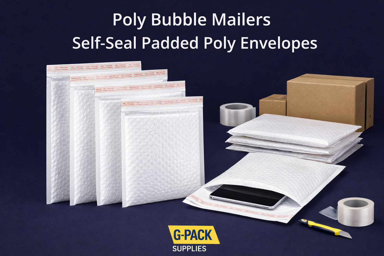  Poly bubble mailers self seal padded envelopes for shipping and packaging in multiple sizes with Gpack Supplies Miami warehouse