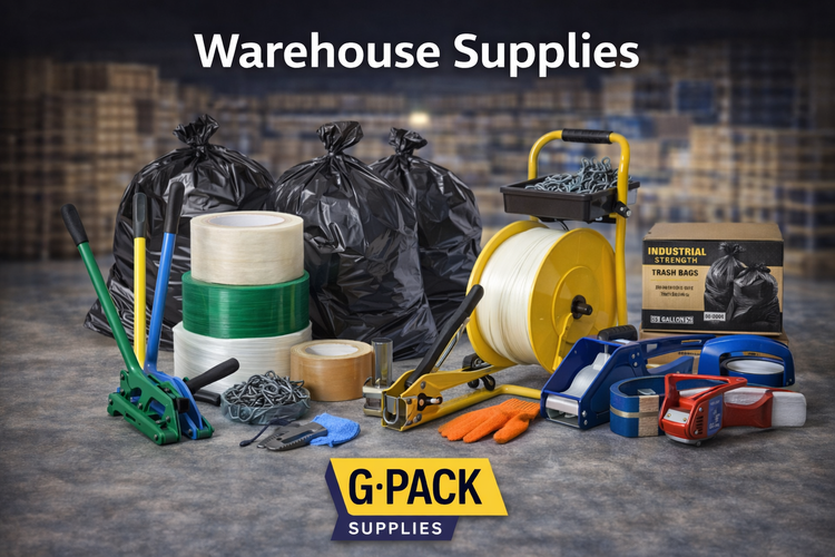 Warehouse supplies including strapping tools, dispensers, and trash bags wholesale in Miami warehouse Gpack Supplies