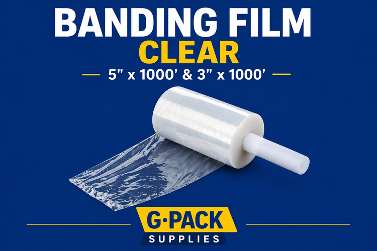 Banding film clear 5 x 1000 and 3 x 1000 for bundling packaging and pallet securing Gpack Supplies Miami warehouse