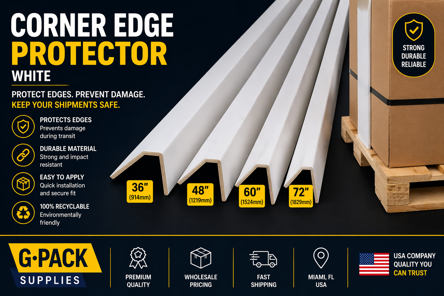 Corner edge protectors white 36 48 60 72 inches for pallet protection and shipping damage prevention Gpack Supplies Miami warehouse