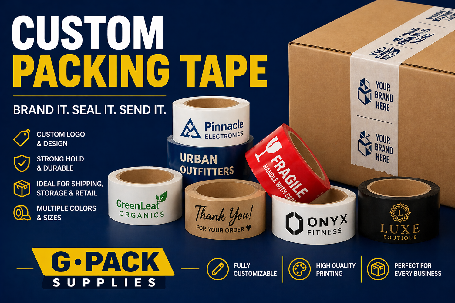 Custom packing tape printed tape with logo branded shipping tape for boxes wholesale Miami warehouse Gpack Supplies
