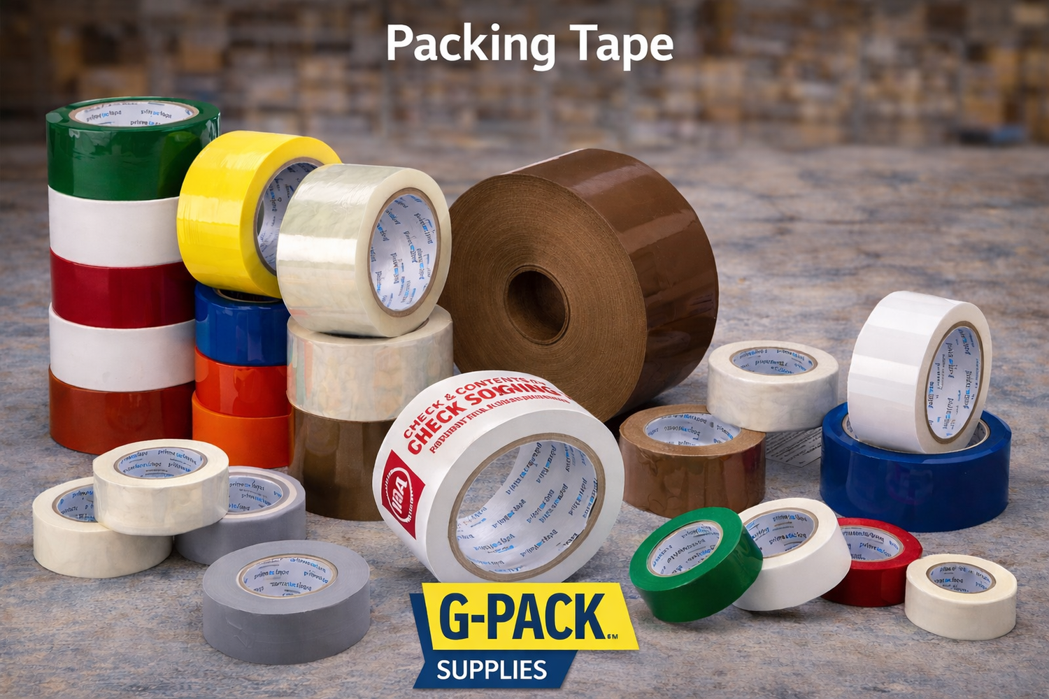 Packing tape assortment clear, brown, and colored rolls including fragile and security tape options for shipping and packaging Gpack Supplies