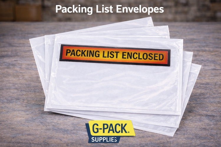 Packing list envelopes clear plastic with packing list enclosed label in warehouse setting Gpack Supplies