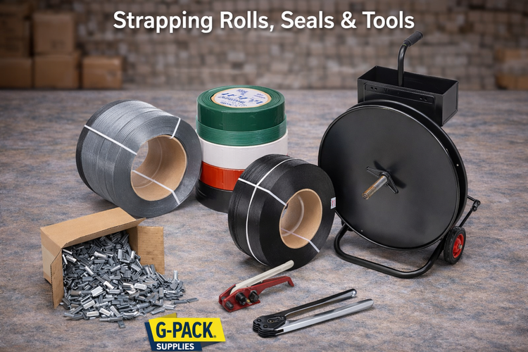 Strapping rolls (polypropylene, polyester, and steel), metal seals, and manual strapping tools with dispenser cart – Gpack Supplies
