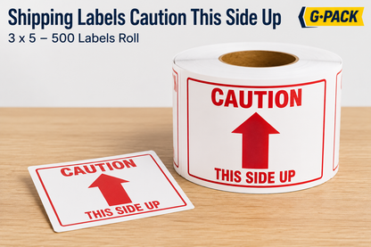 Caution this side up shipping labels 3 x 5 inch 500 labels roll for package handling instructions shipping protection and warehouse packaging Gpack Supplies Miami warehouse
