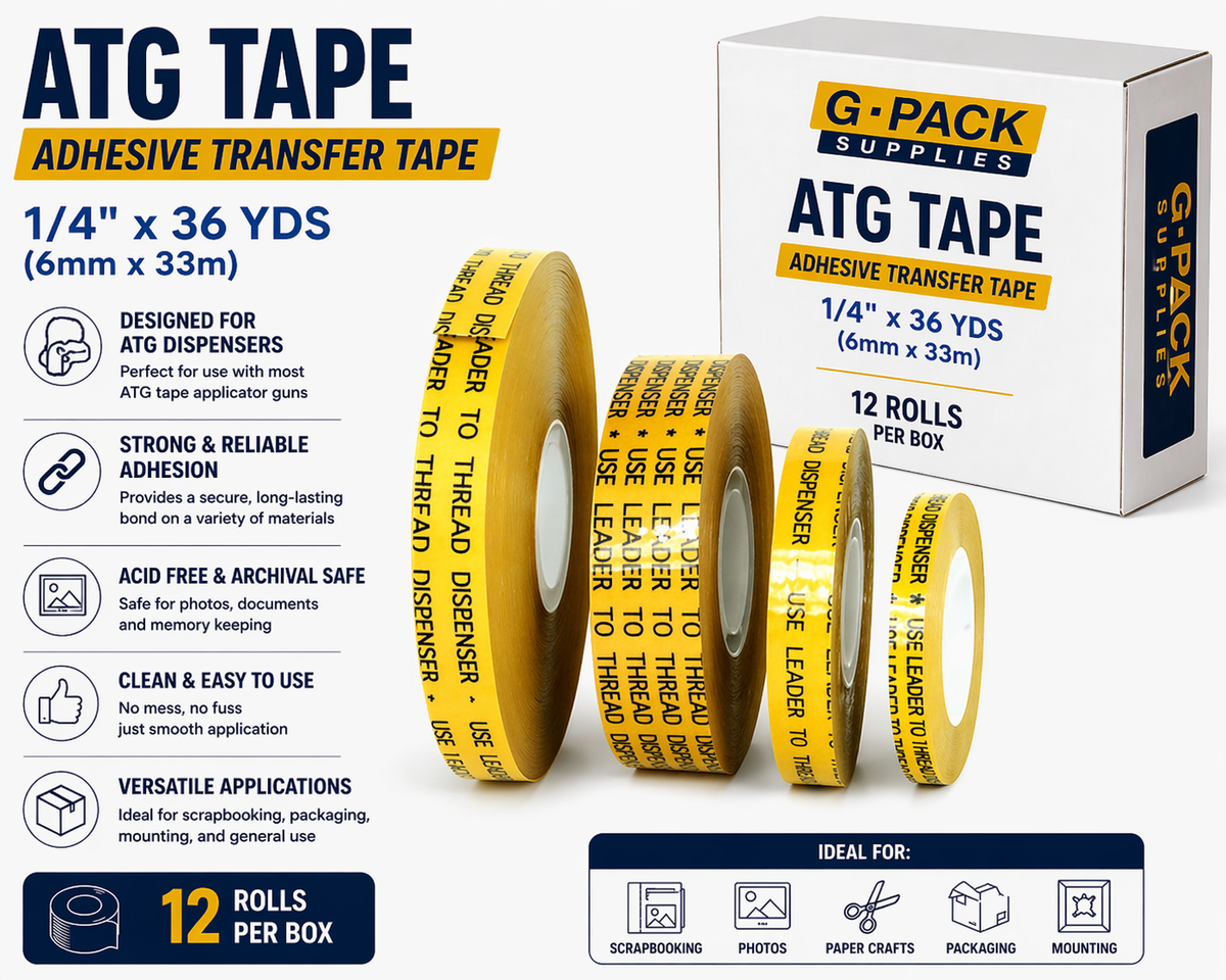 ATG tape adhesive transfer tape 1/4 inch x 36 yards 12 rolls per box acid free double sided adhesive for packaging and crafts wholesale Miami warehouse Gpack Supplies

