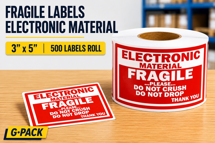 Fragile electronic material labels 3 x 5 inch 500 labels roll for shipping protection fragile package handling and warehouse packaging Gpack Supplies Miami warehouse