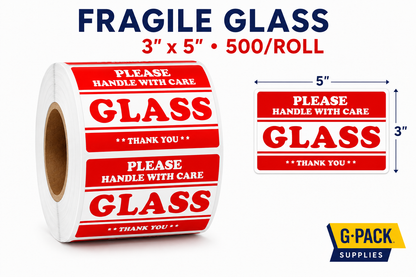 Fragile glass label roll 3x5 inch 500 labels per roll handle with care shipping warning stickers for boxes and packaging wholesale Miami warehouse Gpack Supplies
