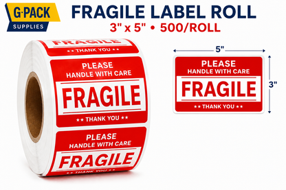 Fragile label roll 3x5 inch 500 labels per roll shipping warning stickers for packaging and warehouse use wholesale Miami warehouse Gpack Supplies
