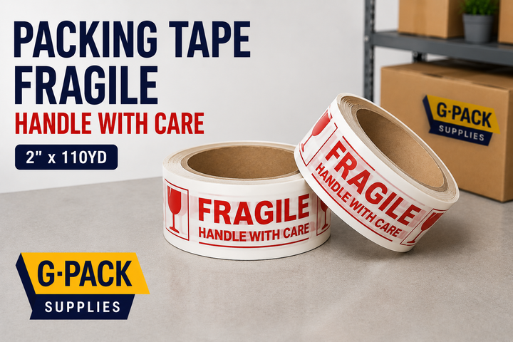 Fragile packing tape handle with care 2 x 110 yard shipping carton sealing tape for fragile package protection Gpack Supplies Miami warehouse
