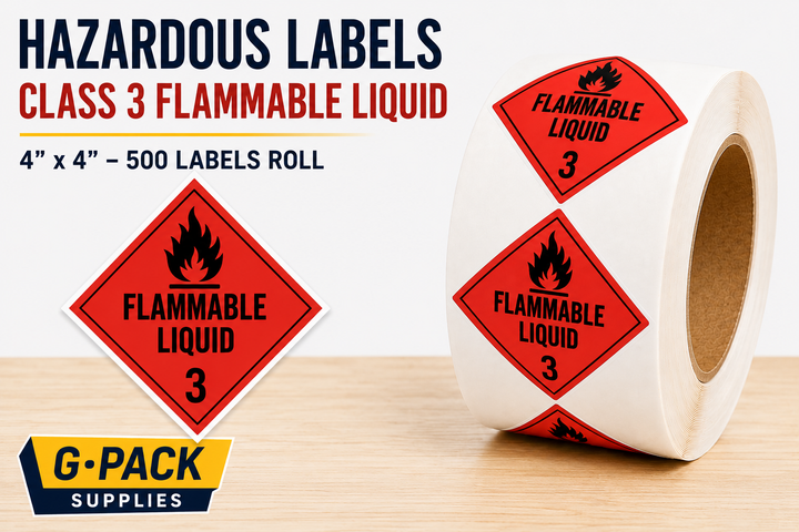 Hazardous labels class 3 flammable liquid 4 x 4 inch 500 labels roll for hazmat shipping compliance and dangerous goods packaging Gpack Supplies Miami warehouse
