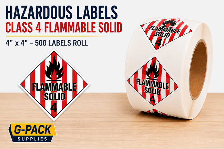Hazardous labels class 4 flammable solid 4 x 4 inch 500 labels roll for hazmat shipping compliance and dangerous goods packaging Gpack Supplies Miami warehouse
