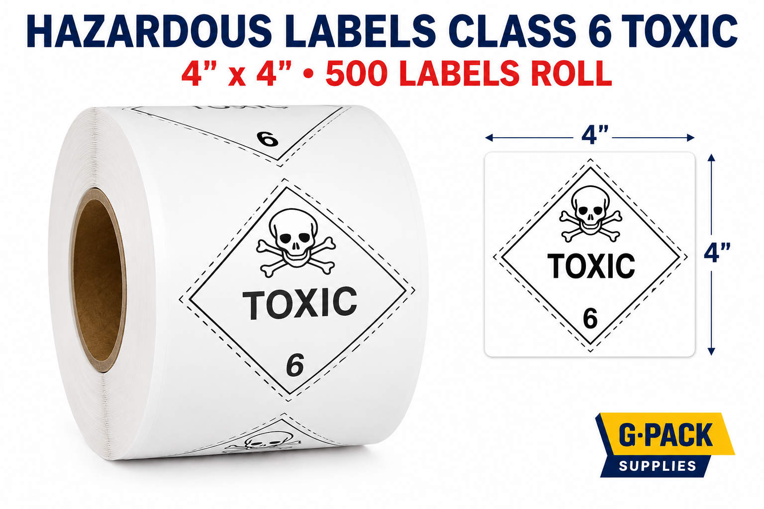 Hazardous labels class 6 toxic 4x4 inch 500 labels per roll shipping hazard warning stickers for dangerous goods packaging wholesale Miami warehouse Gpack Supplies
