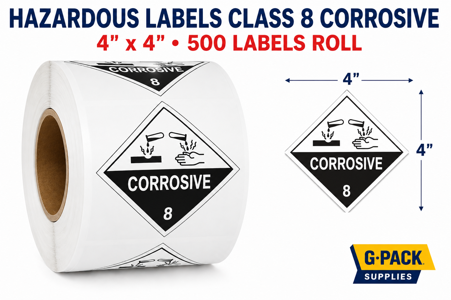 Hazardous labels class 8 corrosive 4x4 inch 500 labels per roll shipping hazard warning stickers for dangerous goods packaging wholesale Miami warehouse Gpack Supplies
