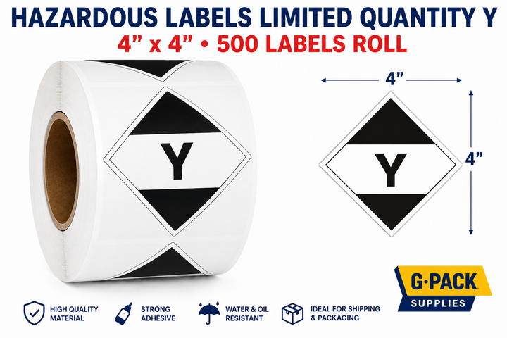 Hazardous labels limited quantity Y 4x4 inch 500 labels per roll shipping hazard warning stickers for dangerous goods packaging wholesale Miami warehouse Gpack Supplies
