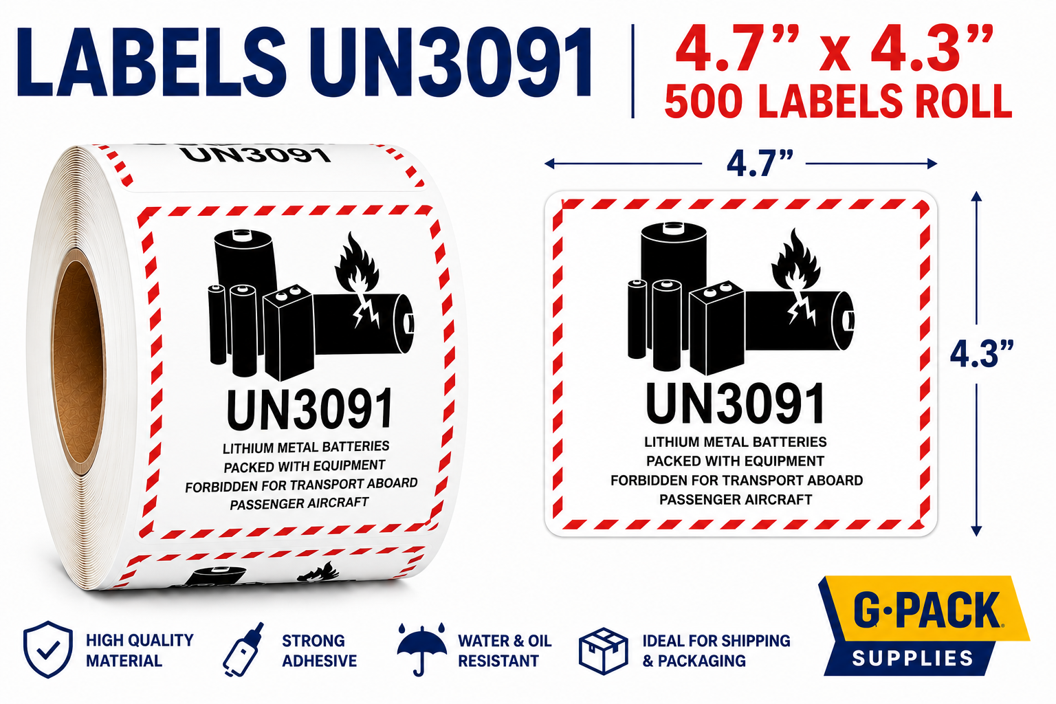 UN3091 lithium battery labels 4.7x4.3 inch 500 labels per roll shipping hazard warning stickers for dangerous goods packaging wholesale Miami warehouse Gpack Supplies
