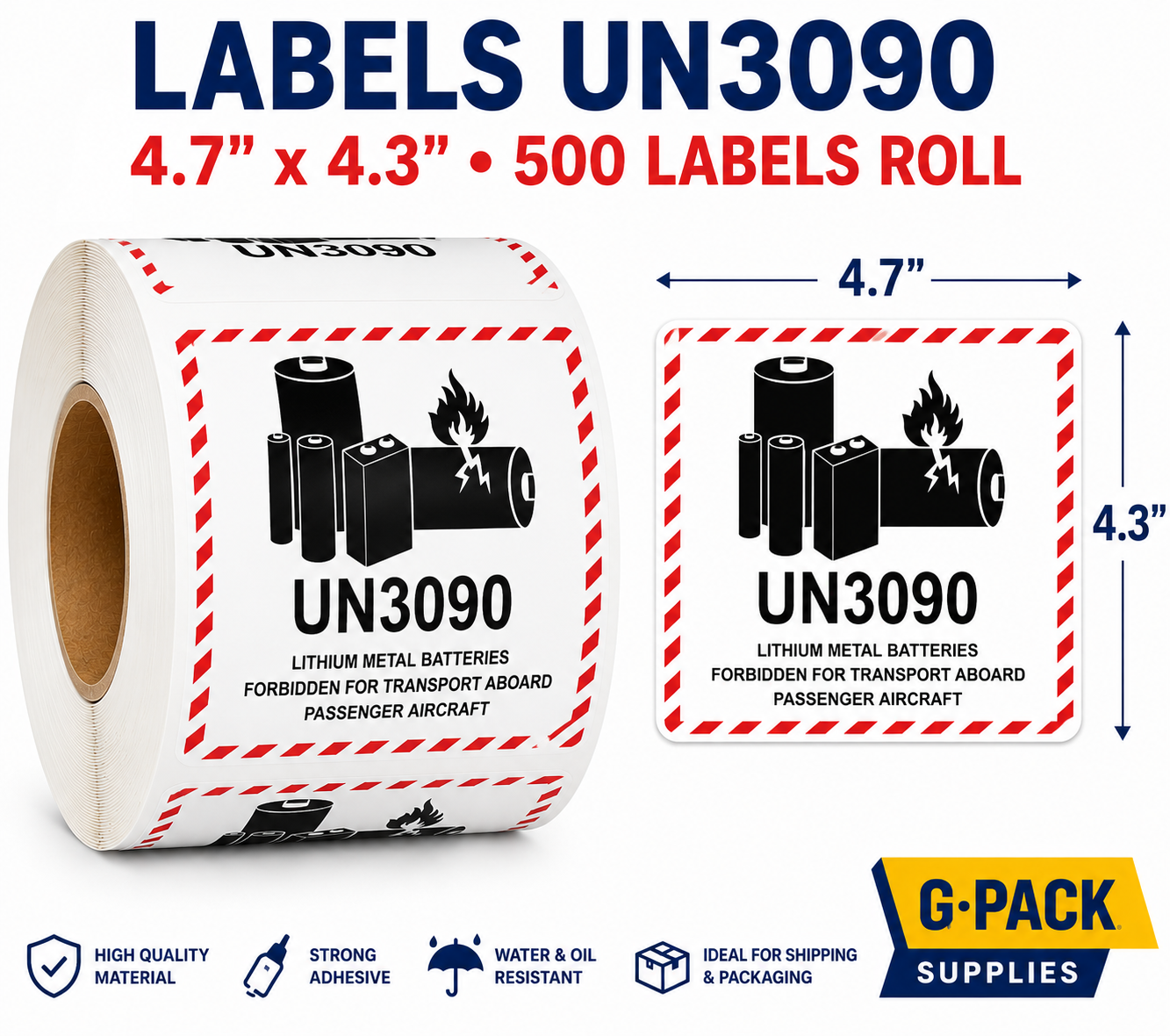 UN3090 lithium battery metal labels 4.7x4.3 inch 500 labels per roll shipping hazard warning stickers for dangerous goods packaging wholesale Miami warehouse Gpack Supplies
