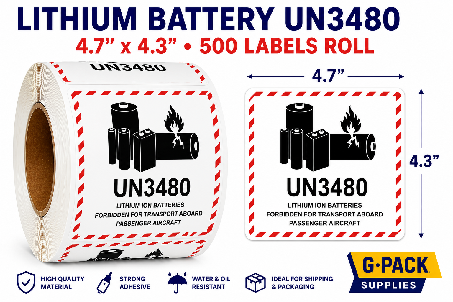 Lithium battery UN3480 labels 4.7x4.3 inch 500 labels per roll shipping hazard warning stickers for dangerous goods packaging wholesale Miami warehouse Gpack Supplies
