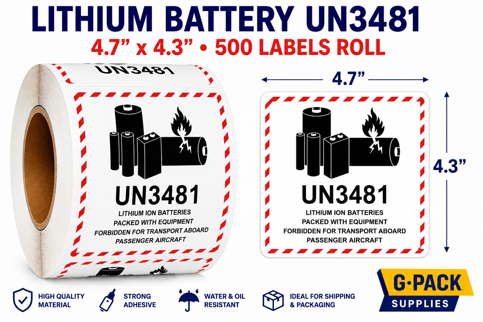 Lithium battery UN3481 labels 4.7x4.3 inch 500 labels per roll shipping hazard warning stickers for dangerous goods packaging wholesale Miami warehouse Gpack Supplies
