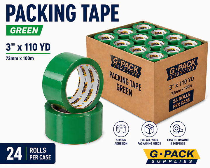 Packing tape green 3 inch x 110 yard 24 rolls per case carton sealing tape for packaging and shipping wholesale Miami warehouse Gpack Supplies
