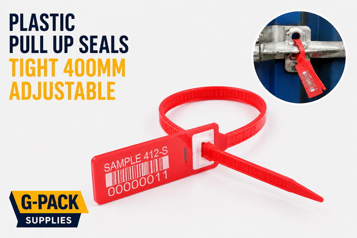 Plastic pull up security seals 400mm adjustable tamper evident seals for cargo containers trucks and logistics security Gpack Supplies Miami warehouse
