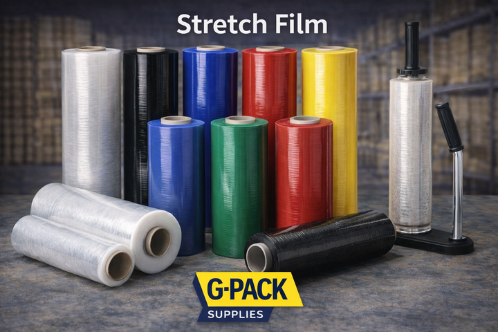 Rolls of stretch film in various colors with G-Pack Supplies branding.