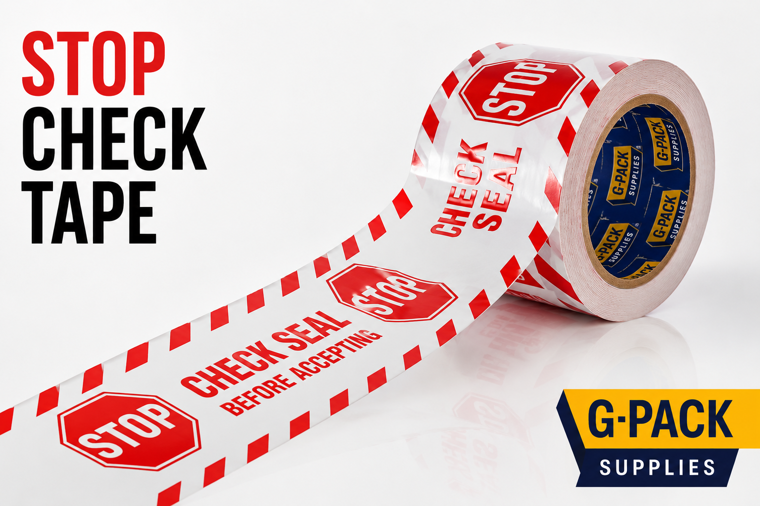 Stop check tape security carton sealing tape for shipment inspection control and package tamper alert Gpack Supplies Miami warehouse
