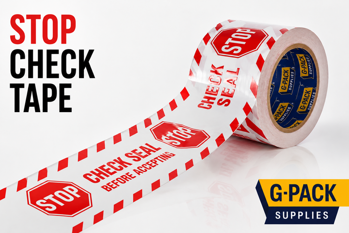 Stop check tape security carton sealing tape for shipment inspection control and package tamper alert Gpack Supplies Miami warehouse
