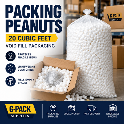 Styrofoam packing peanuts in 20 cubic feet bulk bag for void fill, cushioning and fragile item protection during shipping, moving and storage. Wholesale packaging supplies available at Gpack Supplies in Miami, serving Doral, Medley, Hialeah and Miami Gardens.