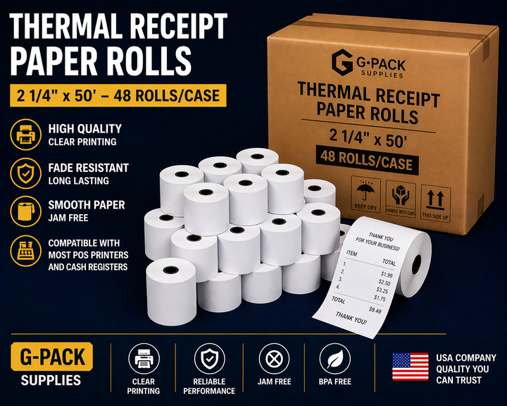 Thermal receipt paper rolls 2 1/4 x 50 credit card terminal POS paper BPA free wholesale Miami Gpack Supplies